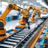 Industrial robotic arm on automated assembly line in manufacturing factory