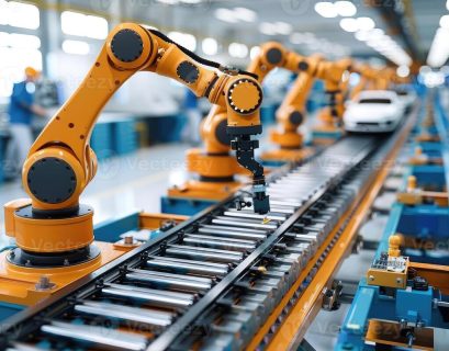 Industrial robotic arm on automated assembly line in manufacturing factory