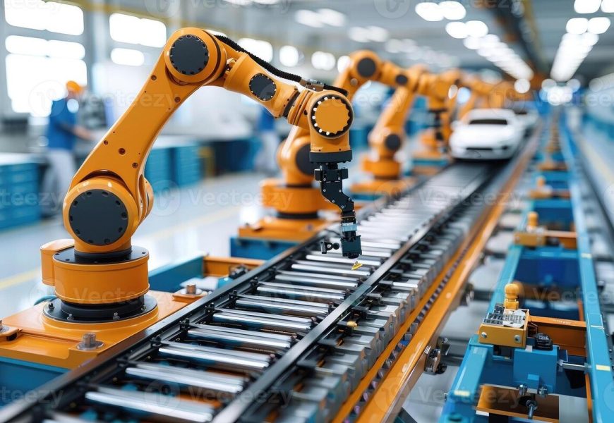 Industrial robotic arm on automated assembly line in manufacturing factory