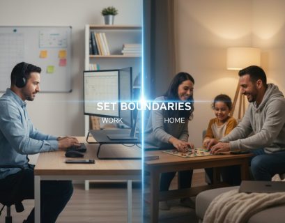 Person working from home office with laptop, showing healthy work-life boundaries